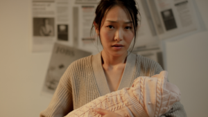 Eine erschöpfte Mutter mit Neugeborenem in den ersten Wochen nach der Geburt – echte Gefühle, Stillstart, Schreibaby, High-Need-Baby, Tipps und Hilfe für besseren Babyschlaf.