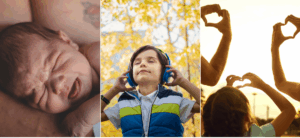 Ein Baby liegt geborgen auf dem Arm eines Erwachsenen, ein Kind genießt Musik mit Kopfhörern vor herbstlichen Bäumen, und eine Familie formt gemeinsam mit den Händen Herzsymbole in der Abendsonne – Symbolbilder für Geborgenheit, Sinneswahrnehmung und liebevolle Verbundenheit in hochsensiblen Familien