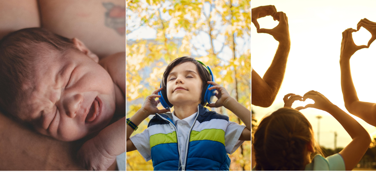 Ein Baby liegt geborgen auf dem Arm eines Erwachsenen, ein Kind genießt Musik mit Kopfhörern vor herbstlichen Bäumen, und eine Familie formt gemeinsam mit den Händen Herzsymbole in der Abendsonne – Symbolbilder für Geborgenheit, Sinneswahrnehmung und liebevolle Verbundenheit in hochsensiblen Familien
