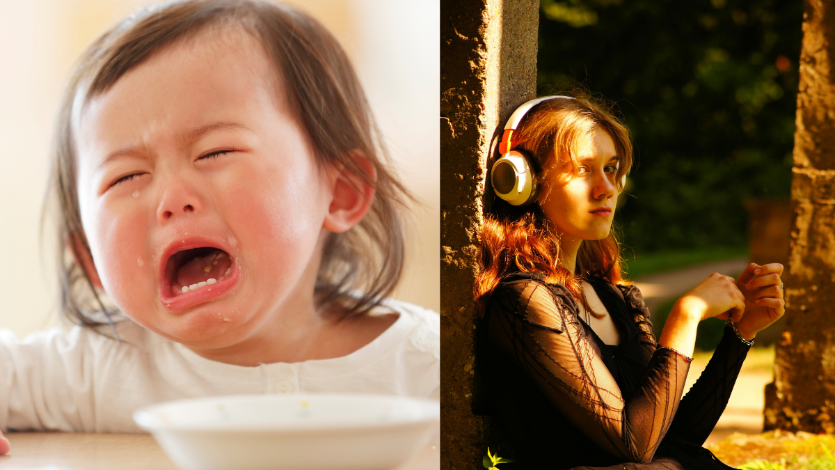 ein Kind genießt Ruhe mit Kopfhörern und ein Kleinkind kann sich nicht selbst regulieren.