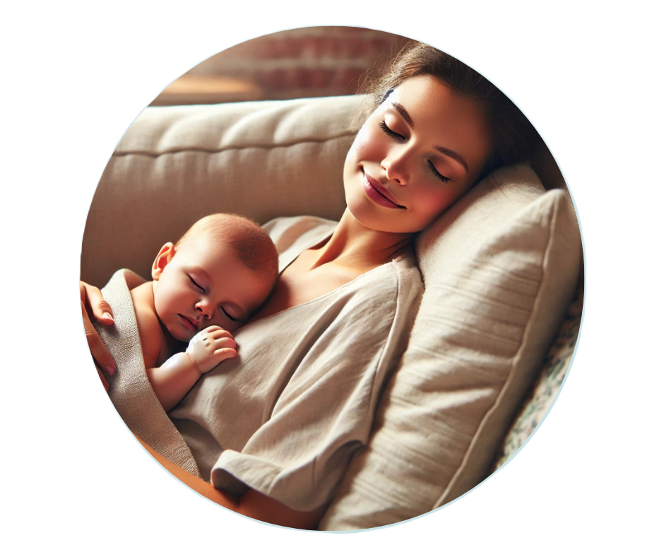 Junge Mutter ruht mit ihrem schlafenden Baby auf dem Arm auf einem Sofa. Beide wirken ausgeglichen und entspannt, mit geschlossenen Augen und einem sanften Lächeln.