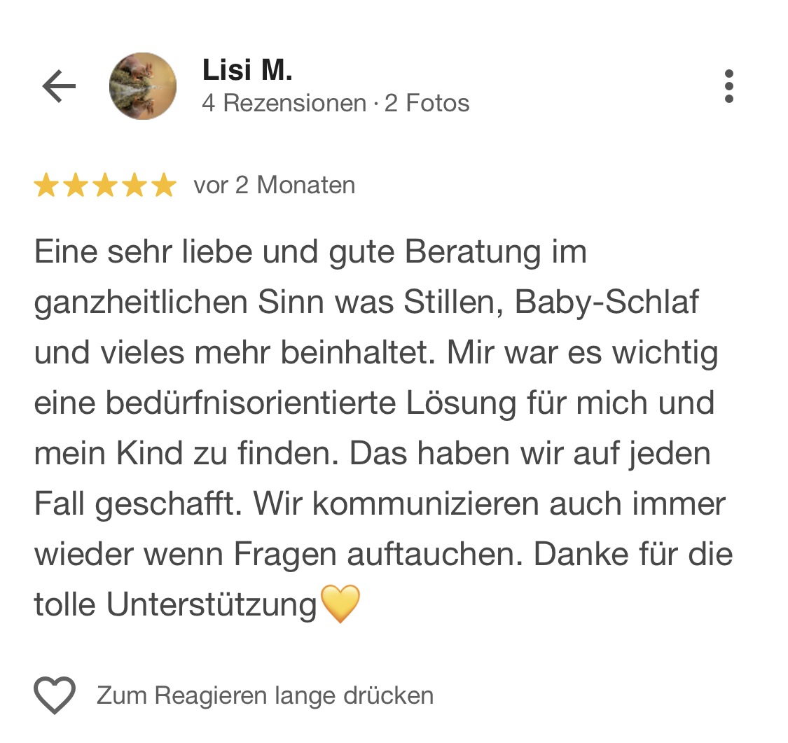 Rezension von Google Testimonial Schlafberatung Wien für Babys von Wohlfühlfamilie by Cornelia | Schreibaby ade